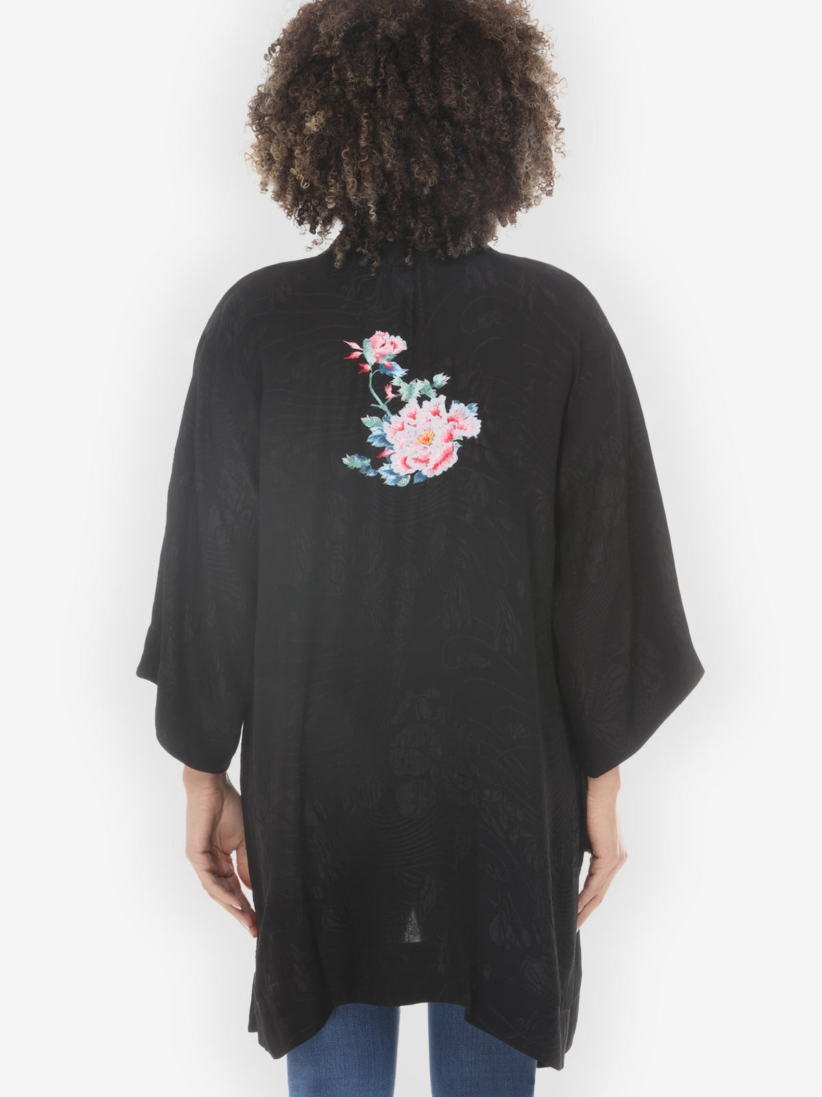 Open Front Kimono Black Embroidery Phoenix Silk Kimono Jacket