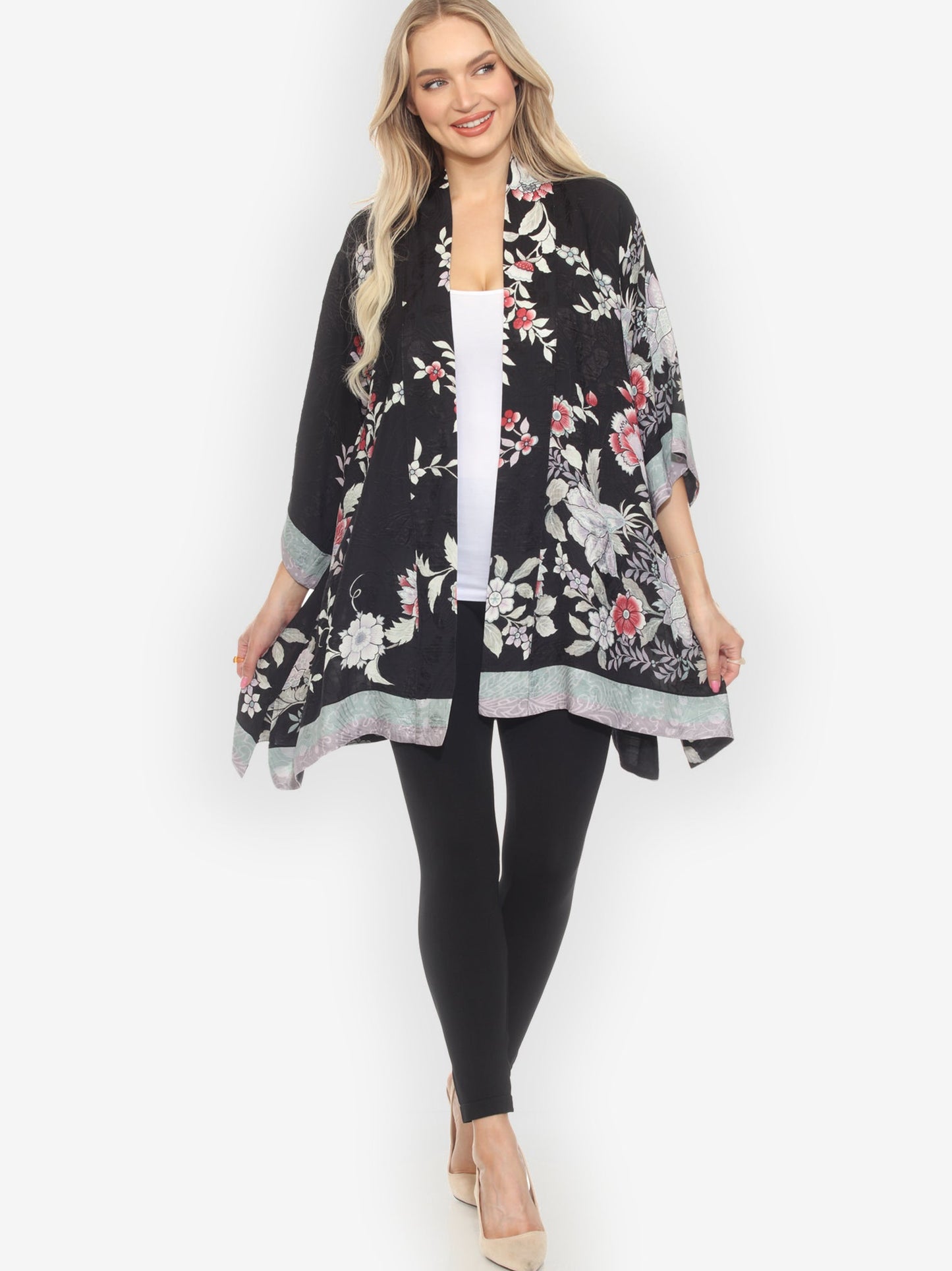 Open Front Kimono Botanical in Garden Silk Kimono Jacket
