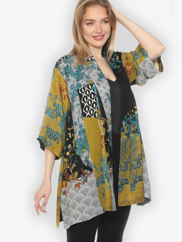Citron Bohemian Mixed Art in Black Silk Kimono Jackets