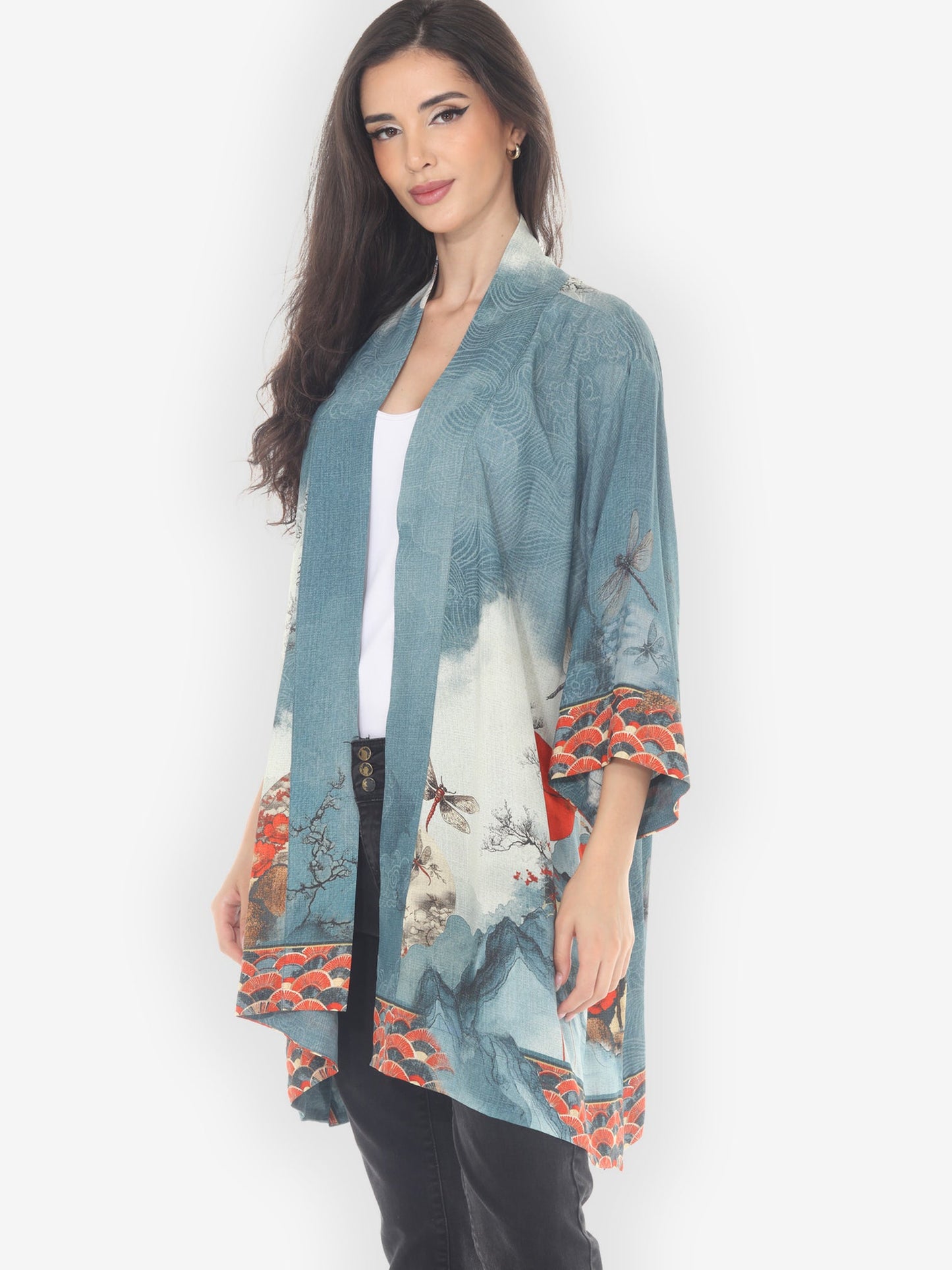 Open Front Kimono Dragonfly & Mountain Art Kimono Jacket