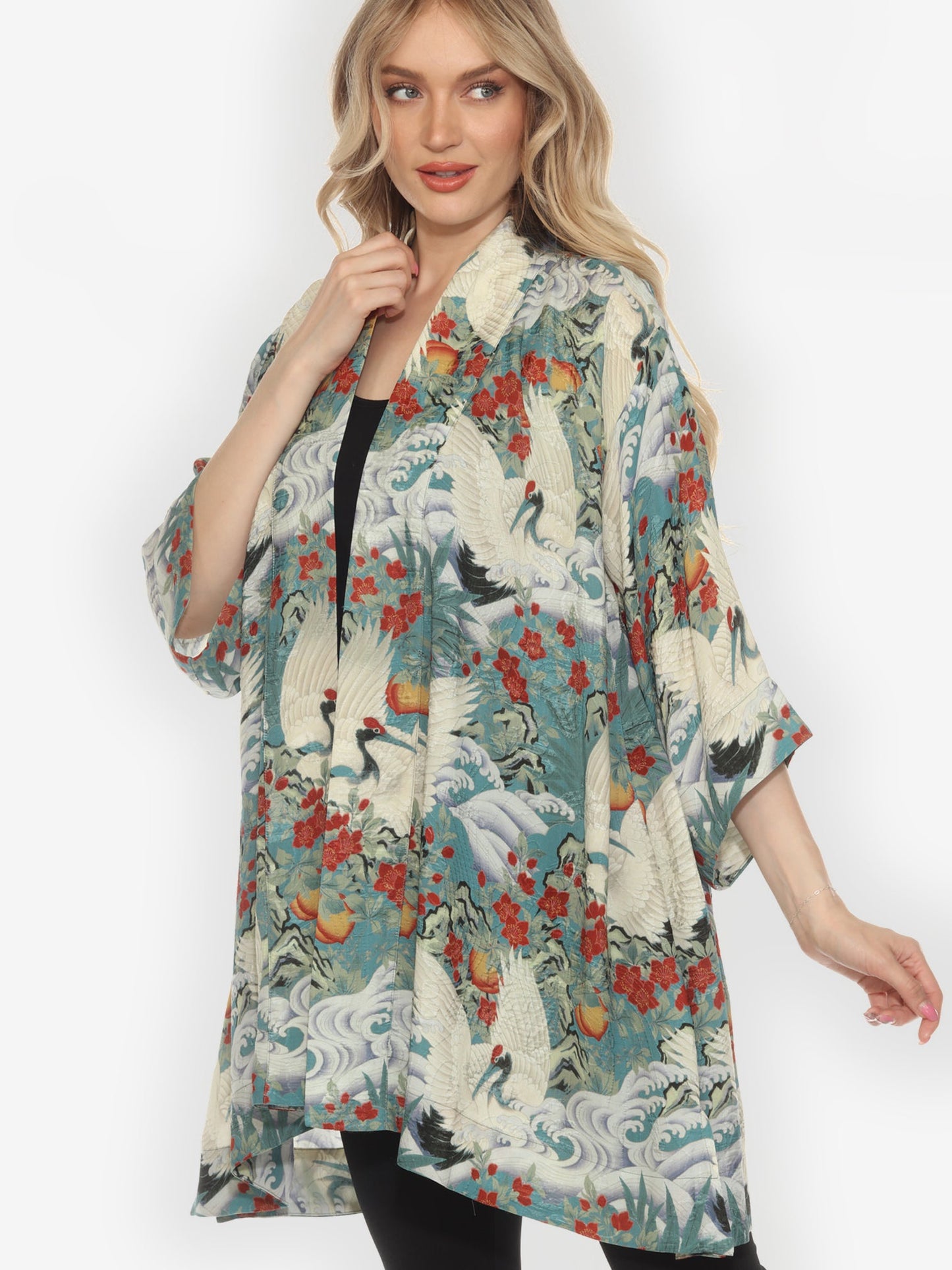 Open Front Kimono Crane in Jungle Silk Kimono Jacket