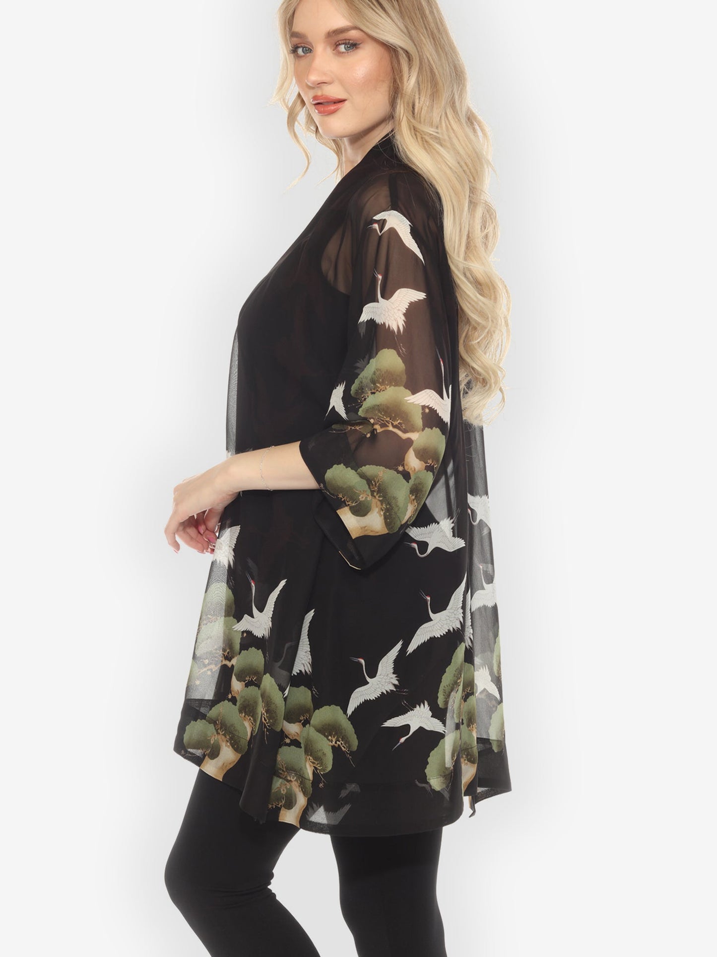 Open Front Kimono Crane Over Forest Silk Kimono Jacket