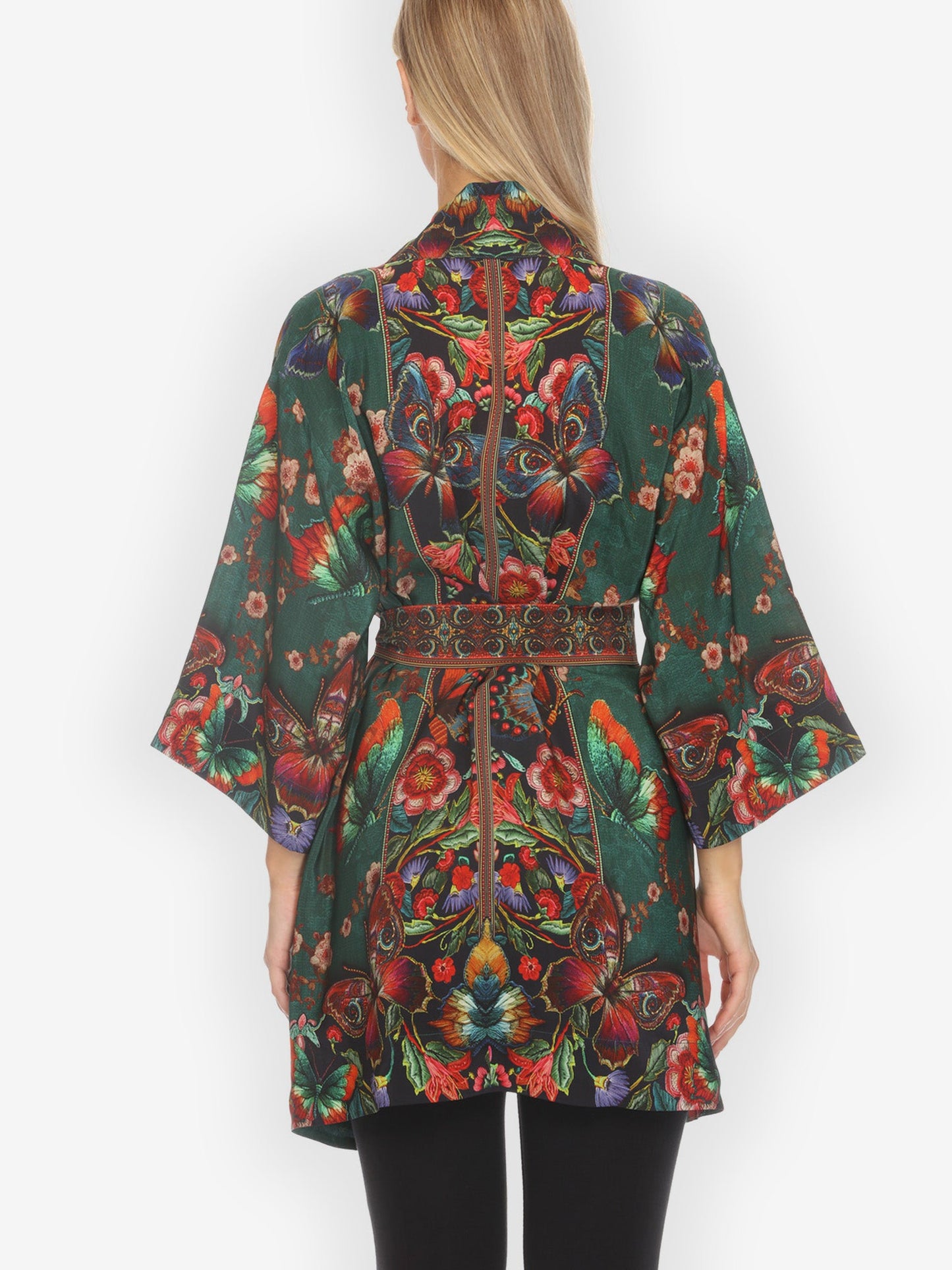Open Front Kimono Embroidery Butterflies Blossom Silk Kimono Jacket