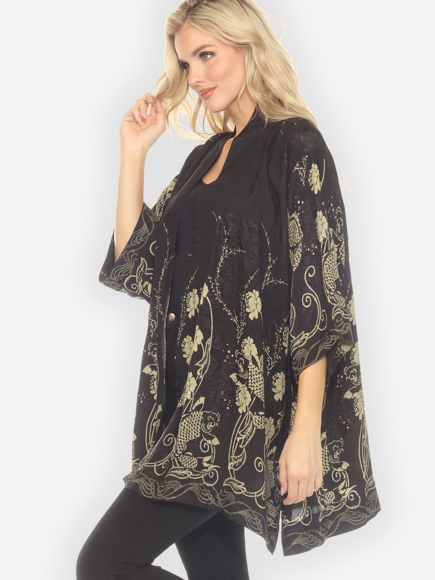 Open Front Kimono Graceful Fish Flowers in Black Silk Kimono Jacket