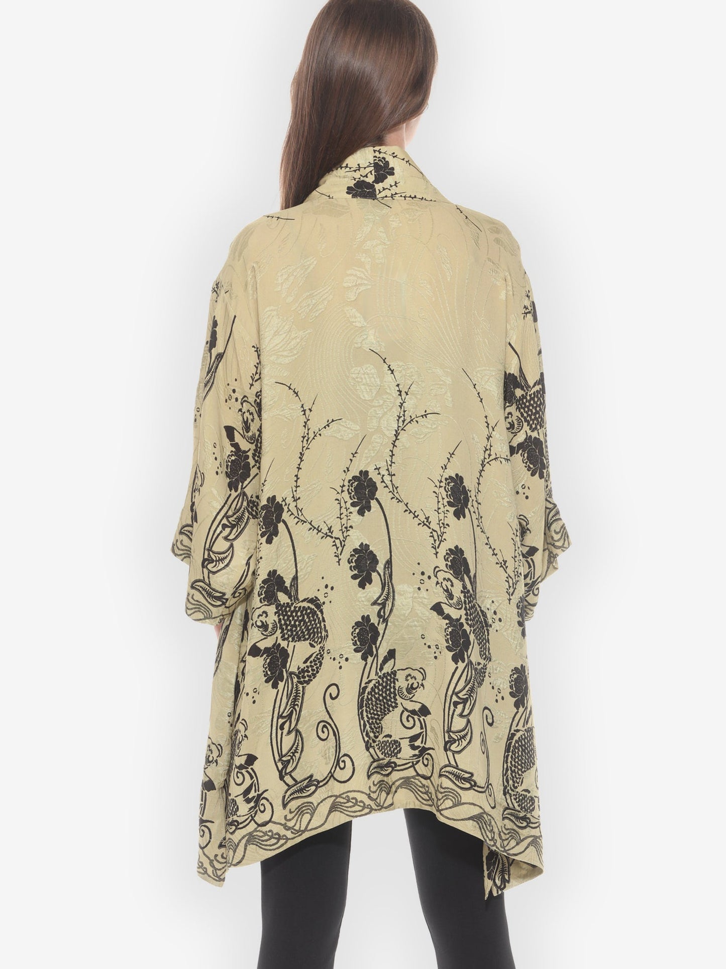 Open Front Kimono Graceful Fish Flowers in Khaki Kimono Jacket