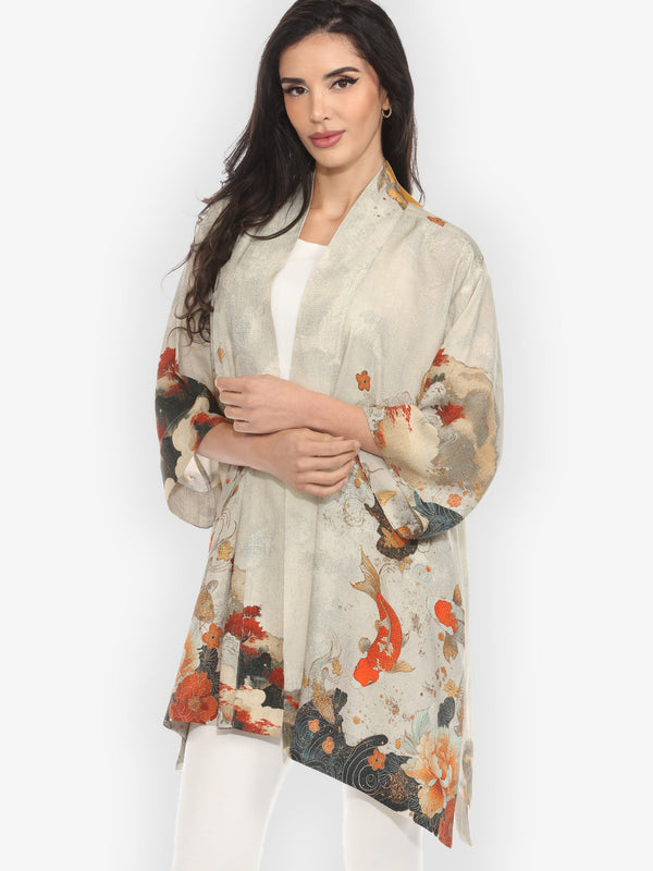 Noble Koi Fish in Cream Silk Kimono Jacket