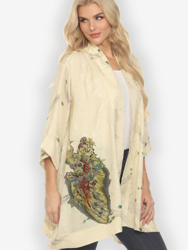Peacock Floral White Silk Kimono Jacket