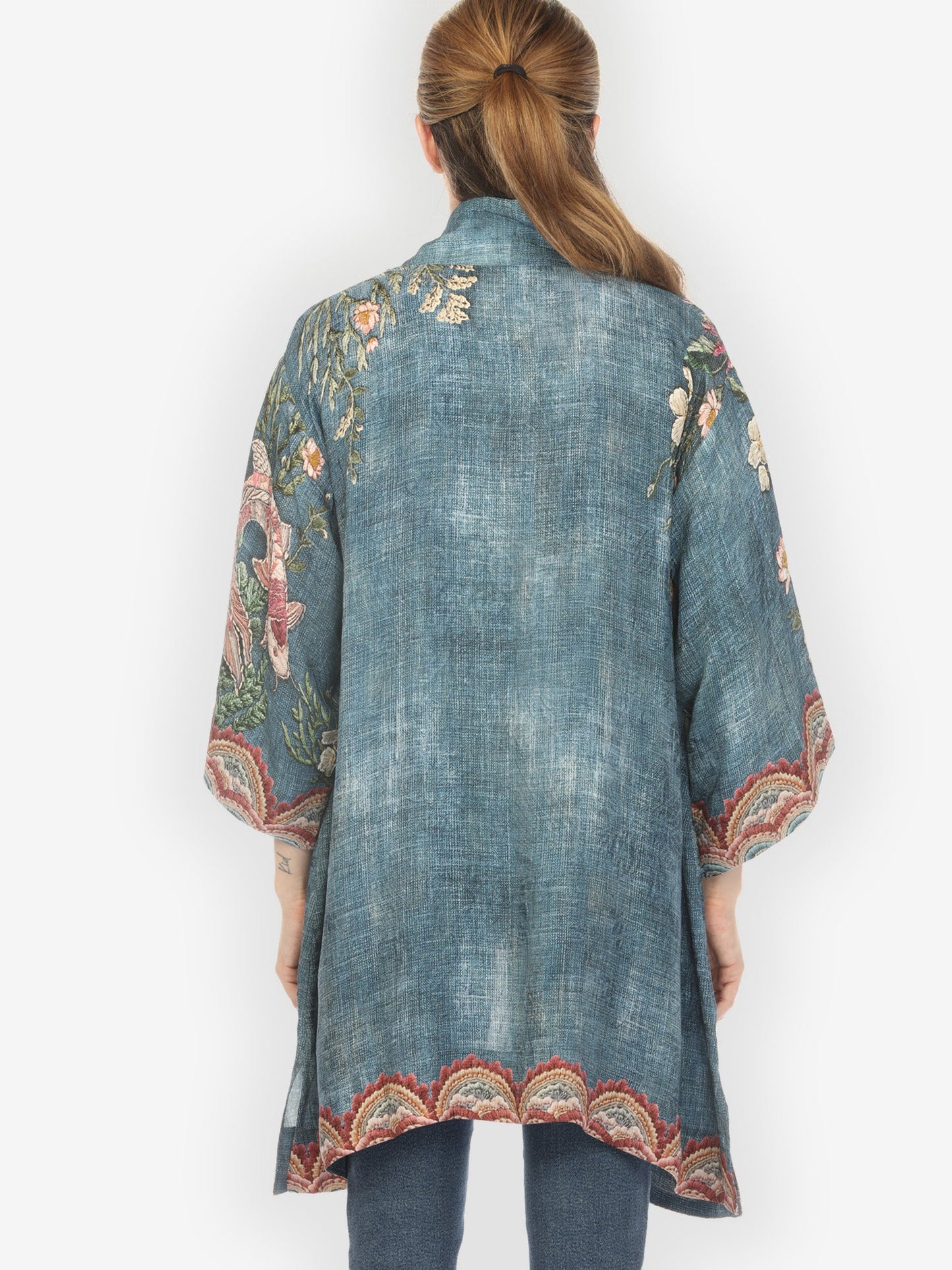 Open Front Kimono Vintage Koi Embroidery Kimono Jacket