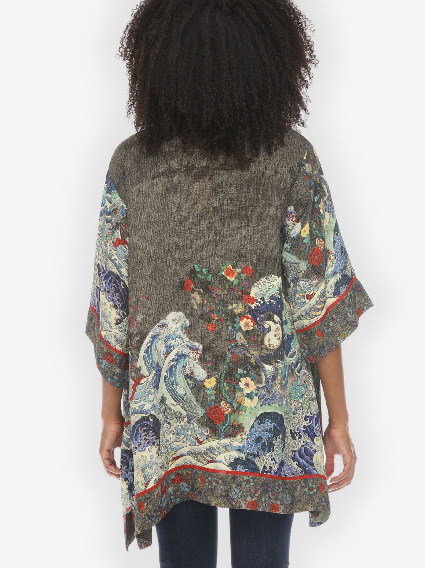 Jackets Waves Art in Dark Gray Silk Kimono Jacket