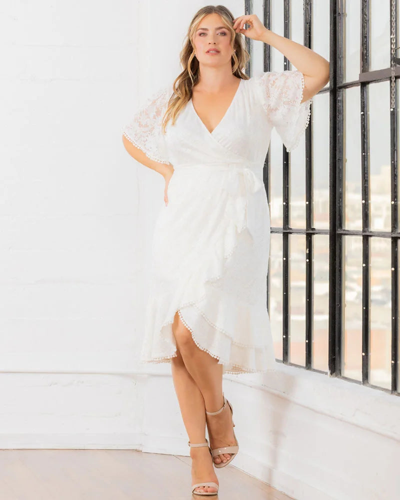 faux wrap cocktail dress Palermo Lace White / 1X (14-16) atf-kg-04.01.26 MODEL IS 59 AND I Don't Want You Size:4 T