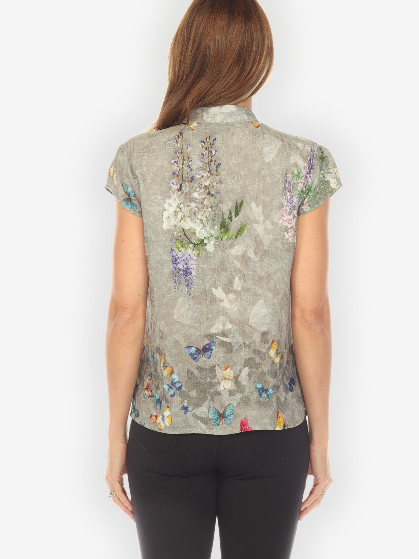 Cap Sleeve Blouse Swarm of Butterflies Cap Sleeve Silk Blouse