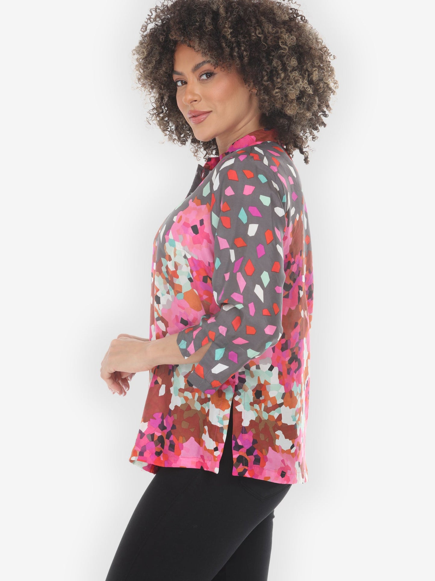 Abstract Floral Print Pink Silk Blouse