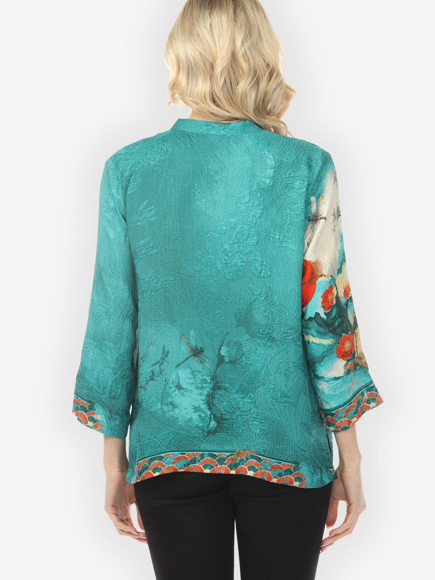Blossom and Medallion Dragonfly Mountain in Turquoise Silk Blouse
