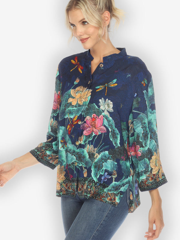Dragonfly Lotus Turquoise Silk Blouse