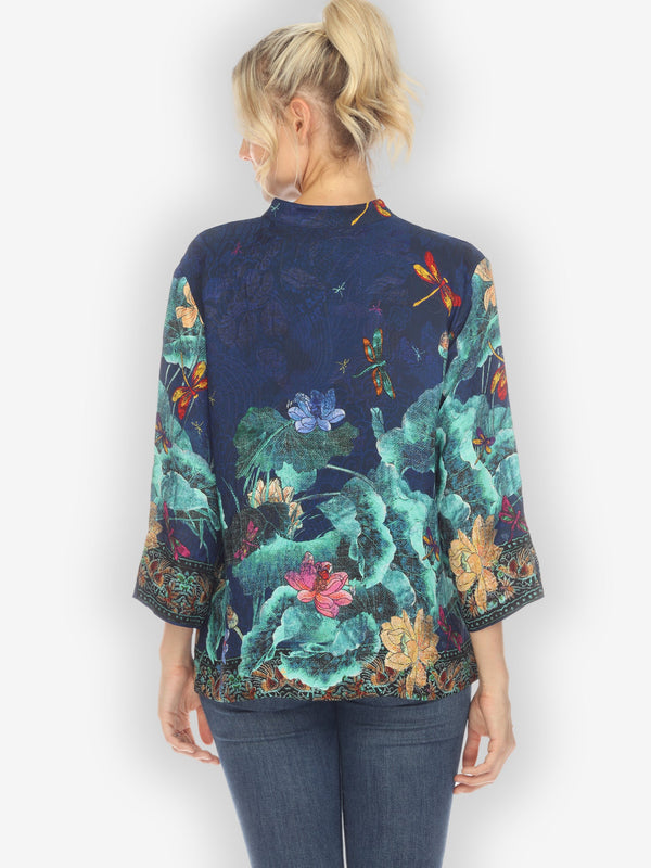 Dragonfly Lotus Turquoise Silk Blouse