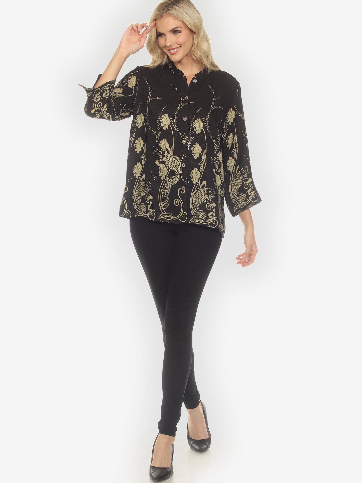 Citron Style Blouse Graceful Fish Flowers in Black Silk Blouse