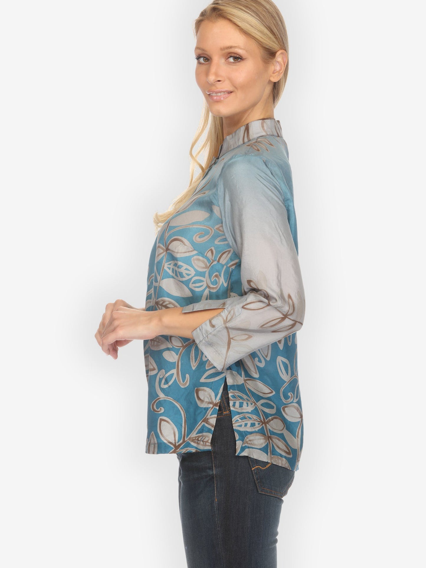 Citron Classic Blouse Leafy Vine Sky Blue Silk Blouse