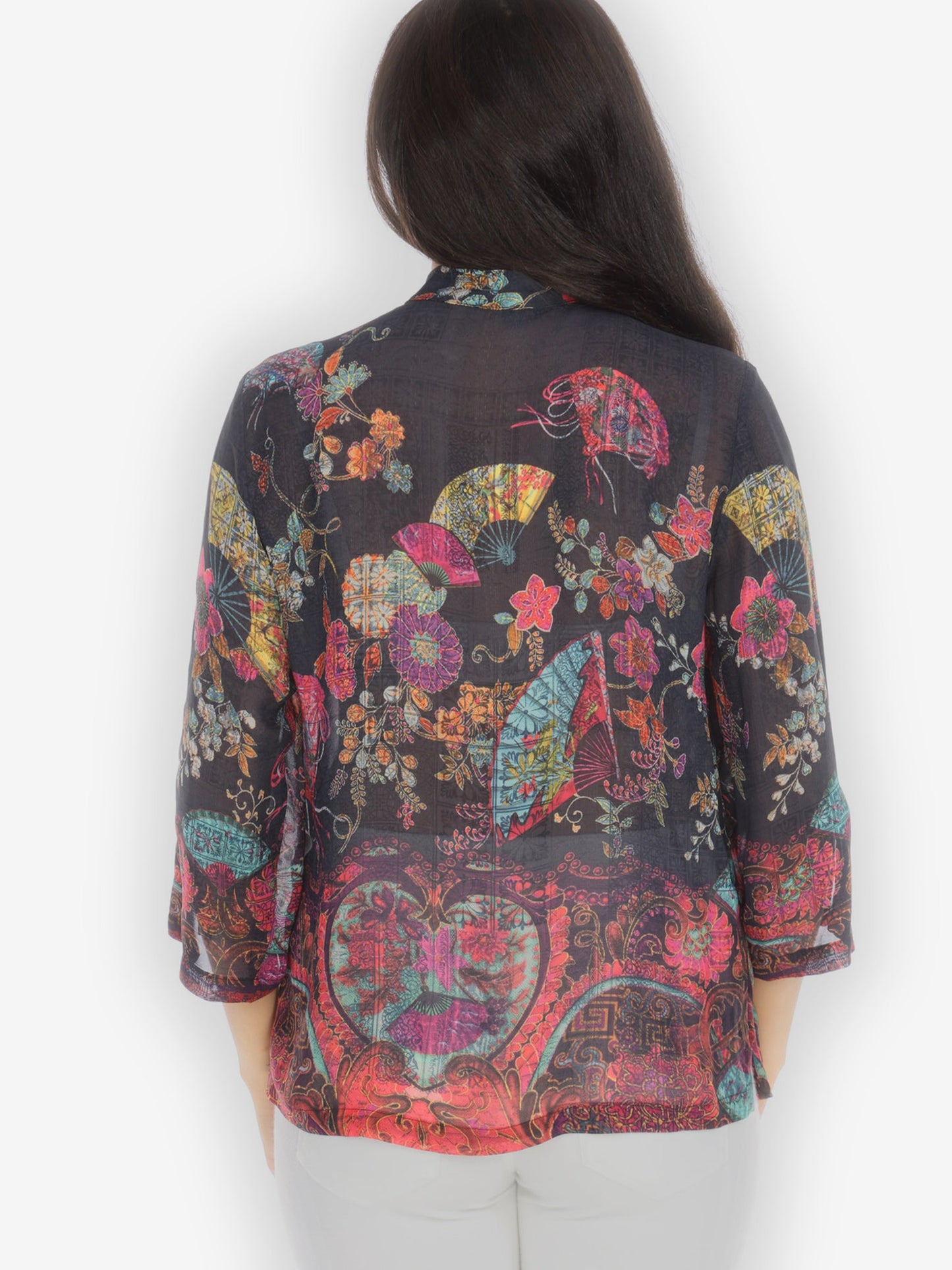 Classic Citron style blouse Vintage Floral Fans Georgette Blouse
