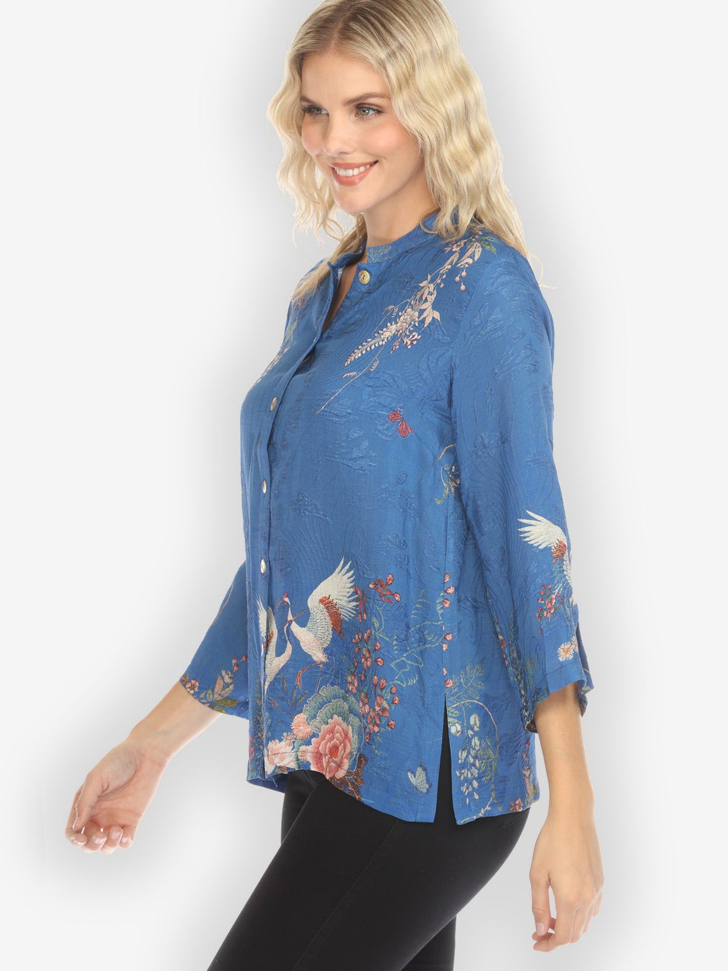 Citron Style Blouse Wisteria Butterflies Crane in Blue Silk Blend Blouse