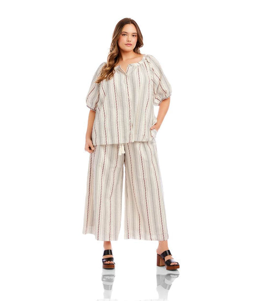 bottom Plus Size Stripe Embroidered Cropped Drawstring Pants
