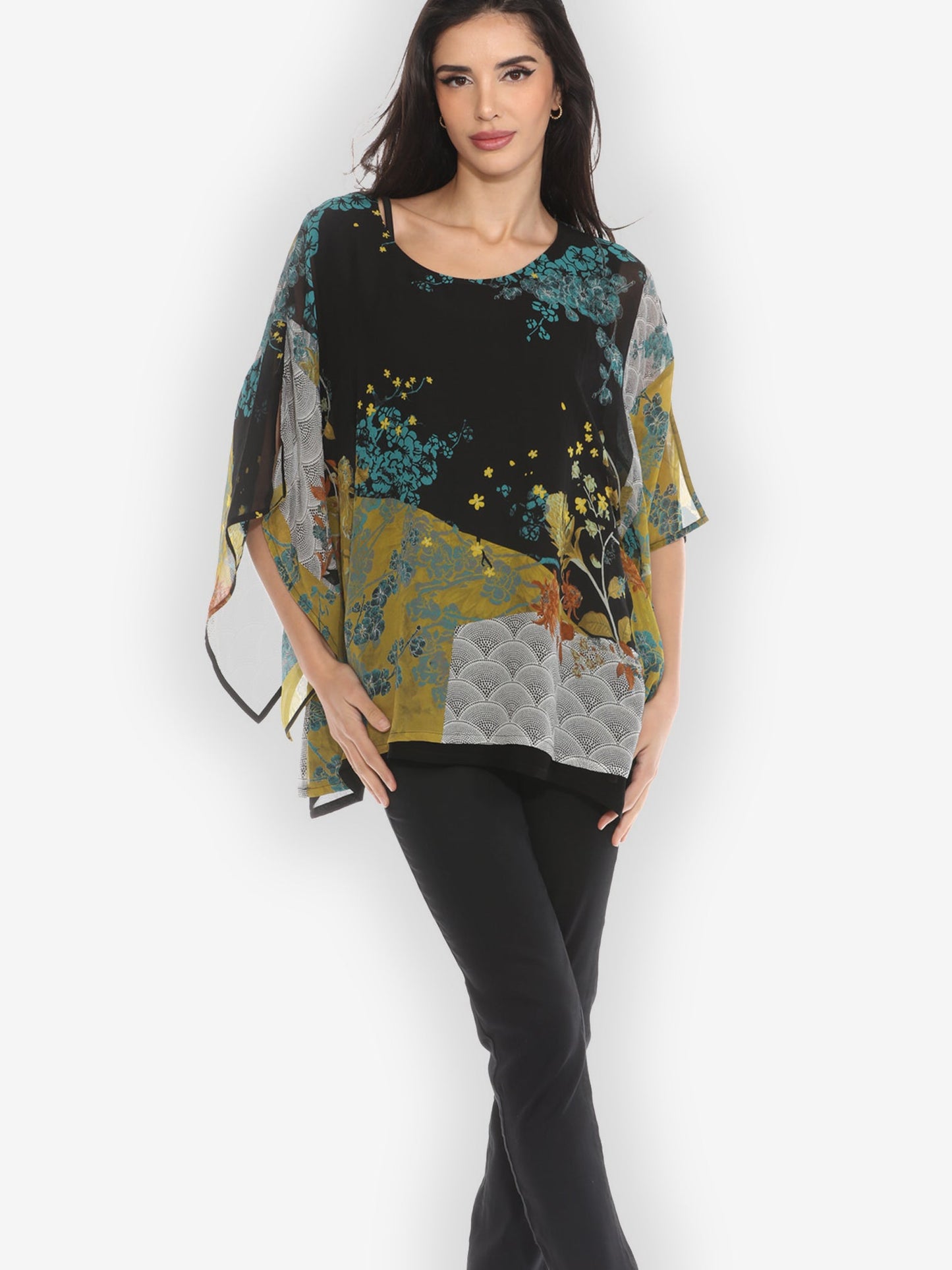 Double Layer Silk Pullover Top Bohemian Mixed Art Double Layer Silk Top