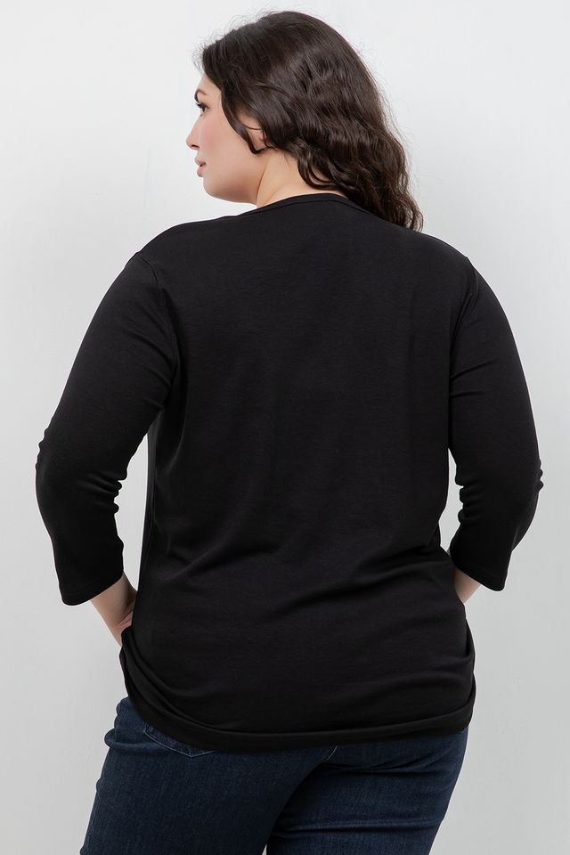 Tops Black Cotton 3/4 Sleeve Tee