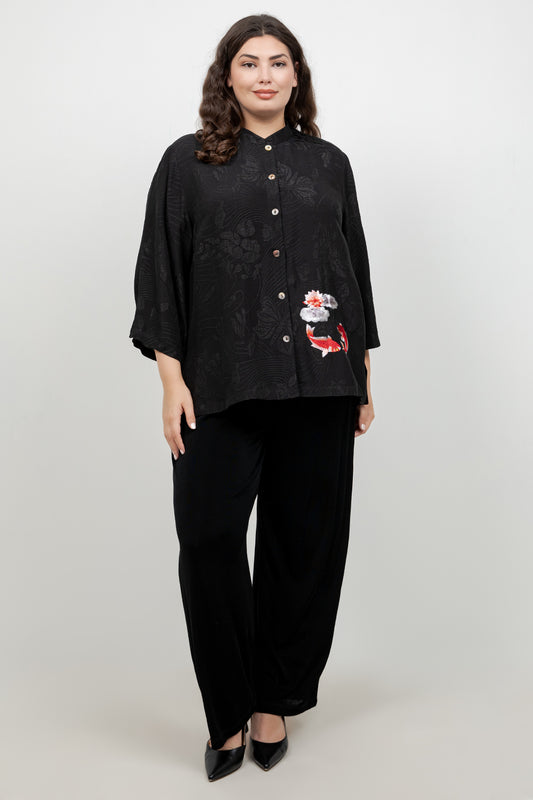 Black Embroidery Koi Goldfish Silk Shirt