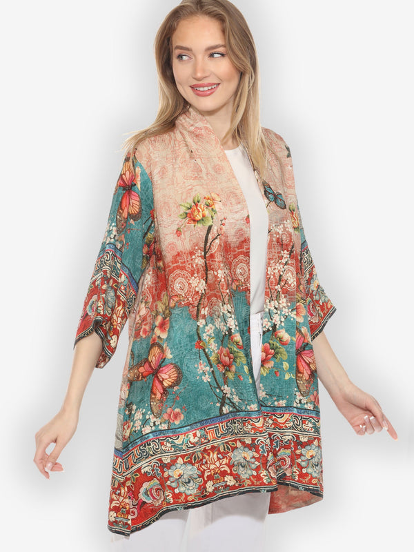 Citron Butterfly Cherry Blossom Flowers Silk Kimono