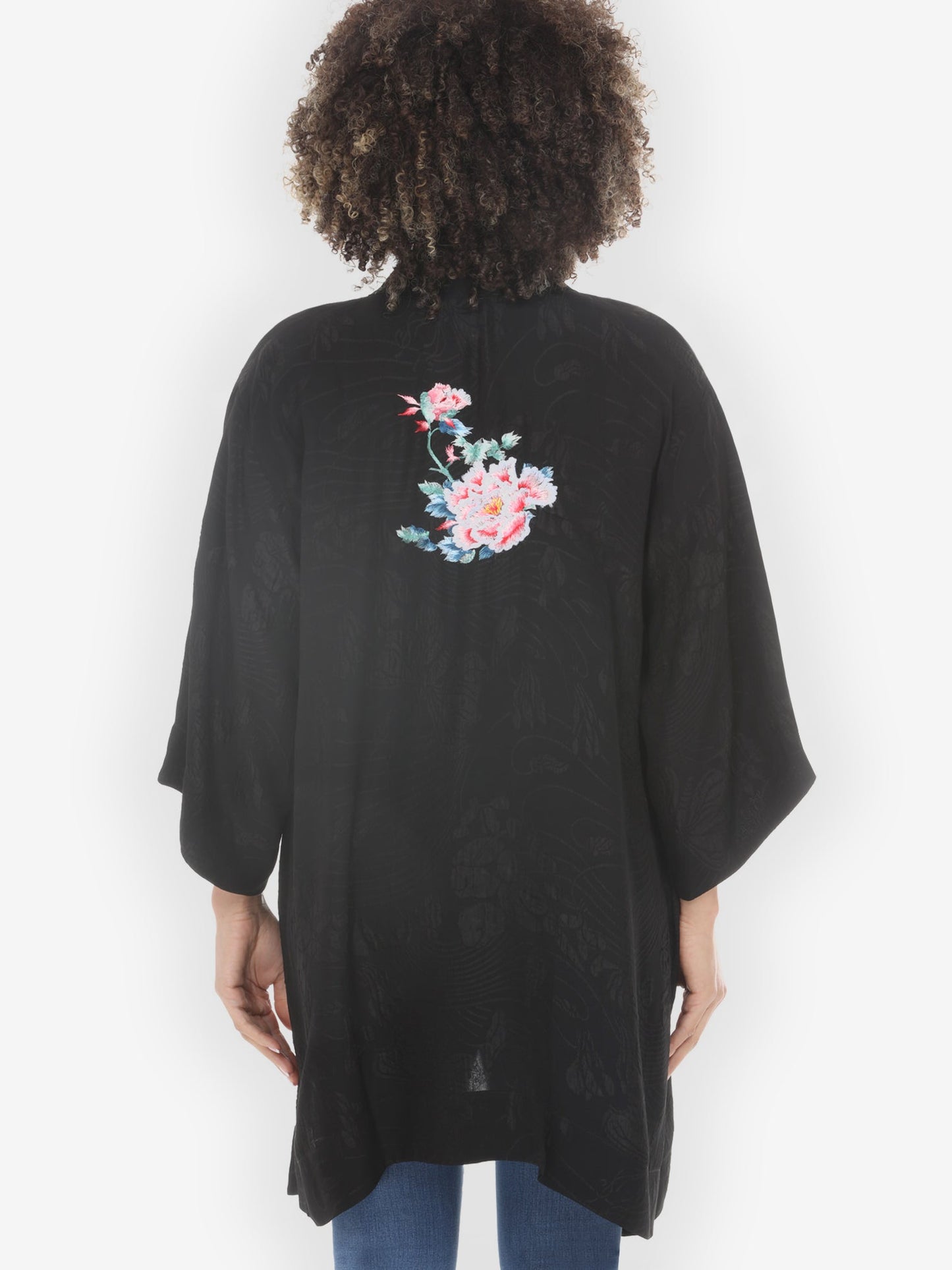 Black Embroidery Phoenix Silk Kimono Jacket