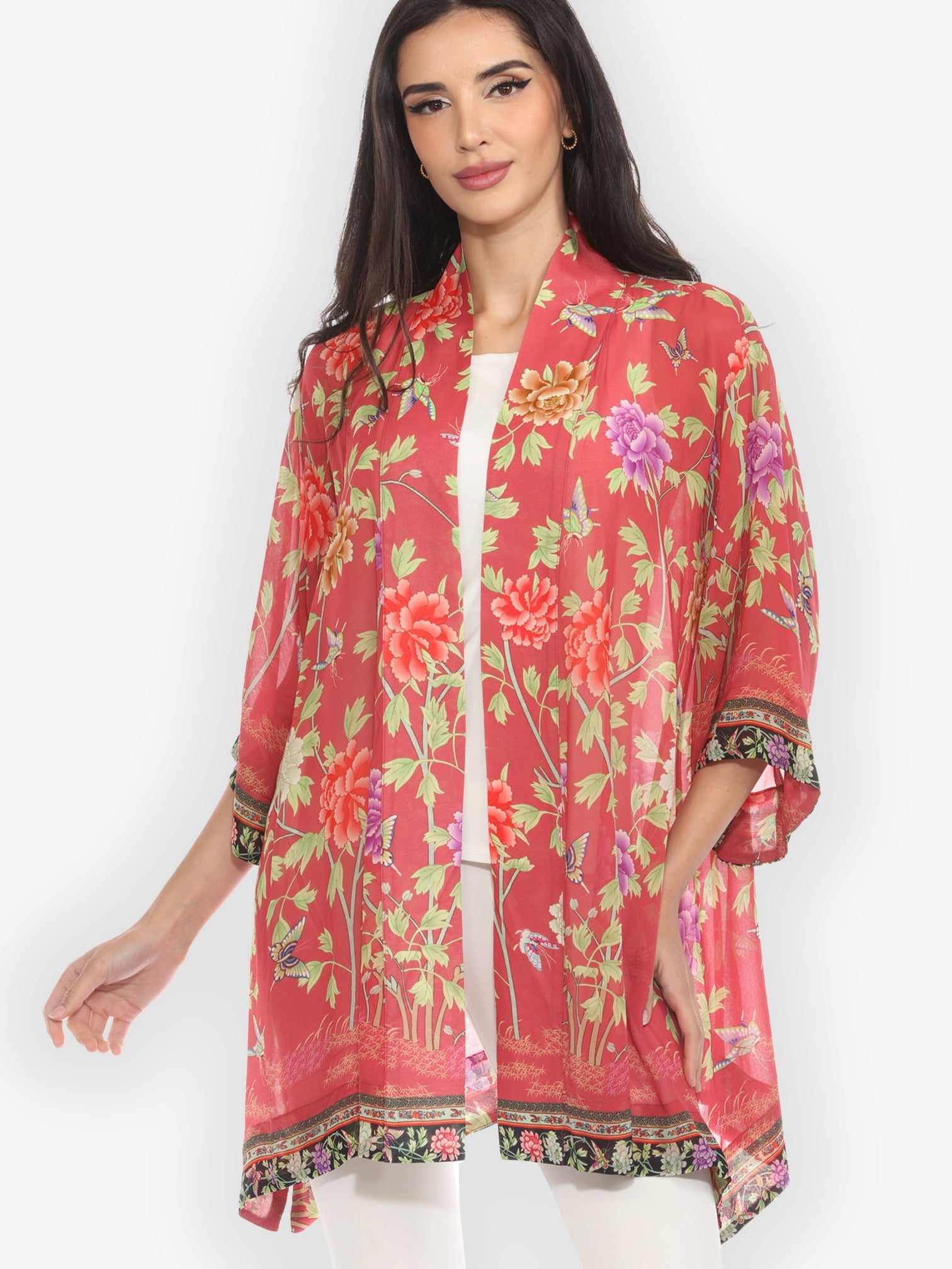 Jackets Citron Border Floral Butterflies Kimono Jacket