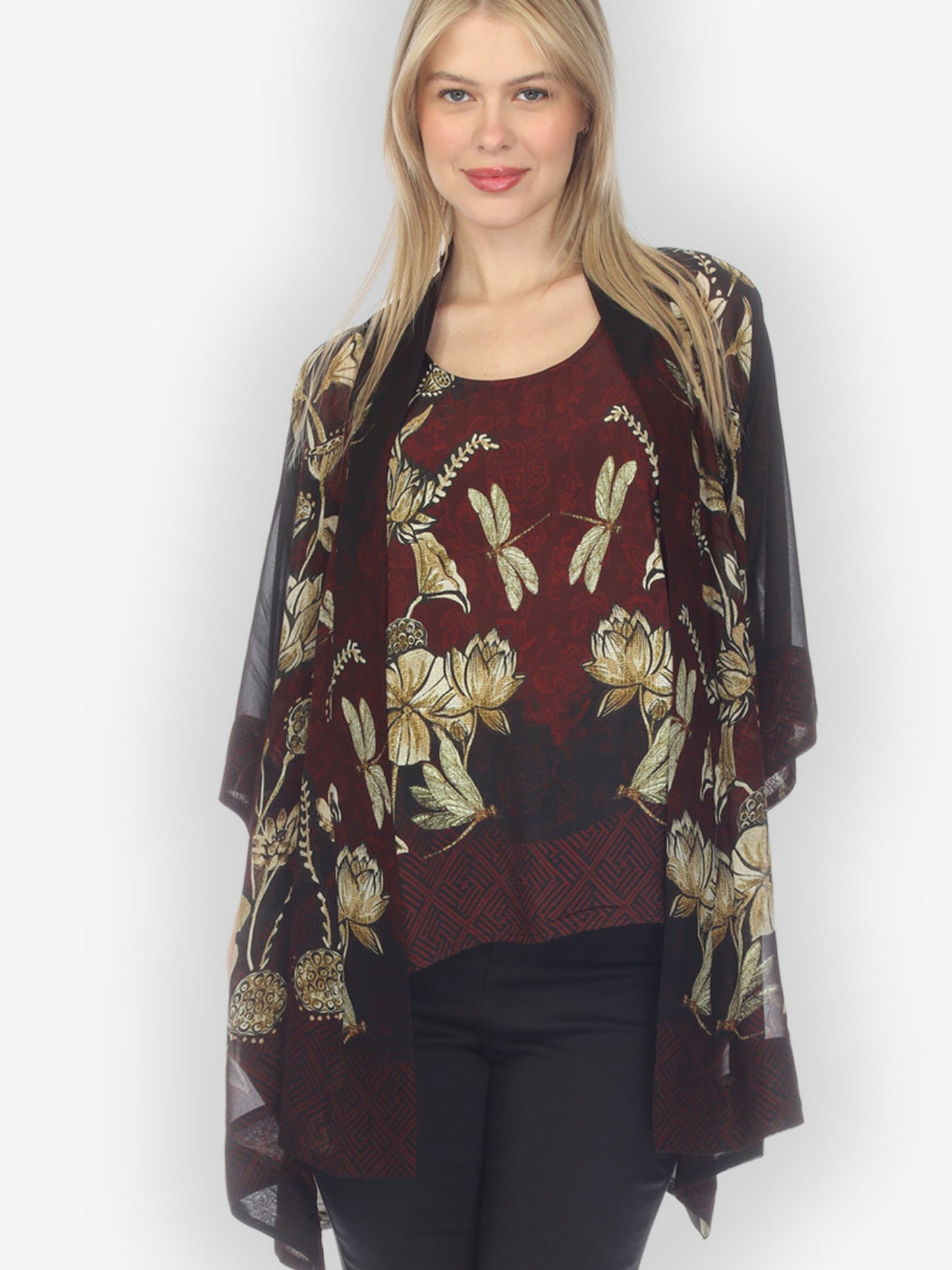 Open Front Kimono Big Lotus and Dragonfly Kimono Jacket