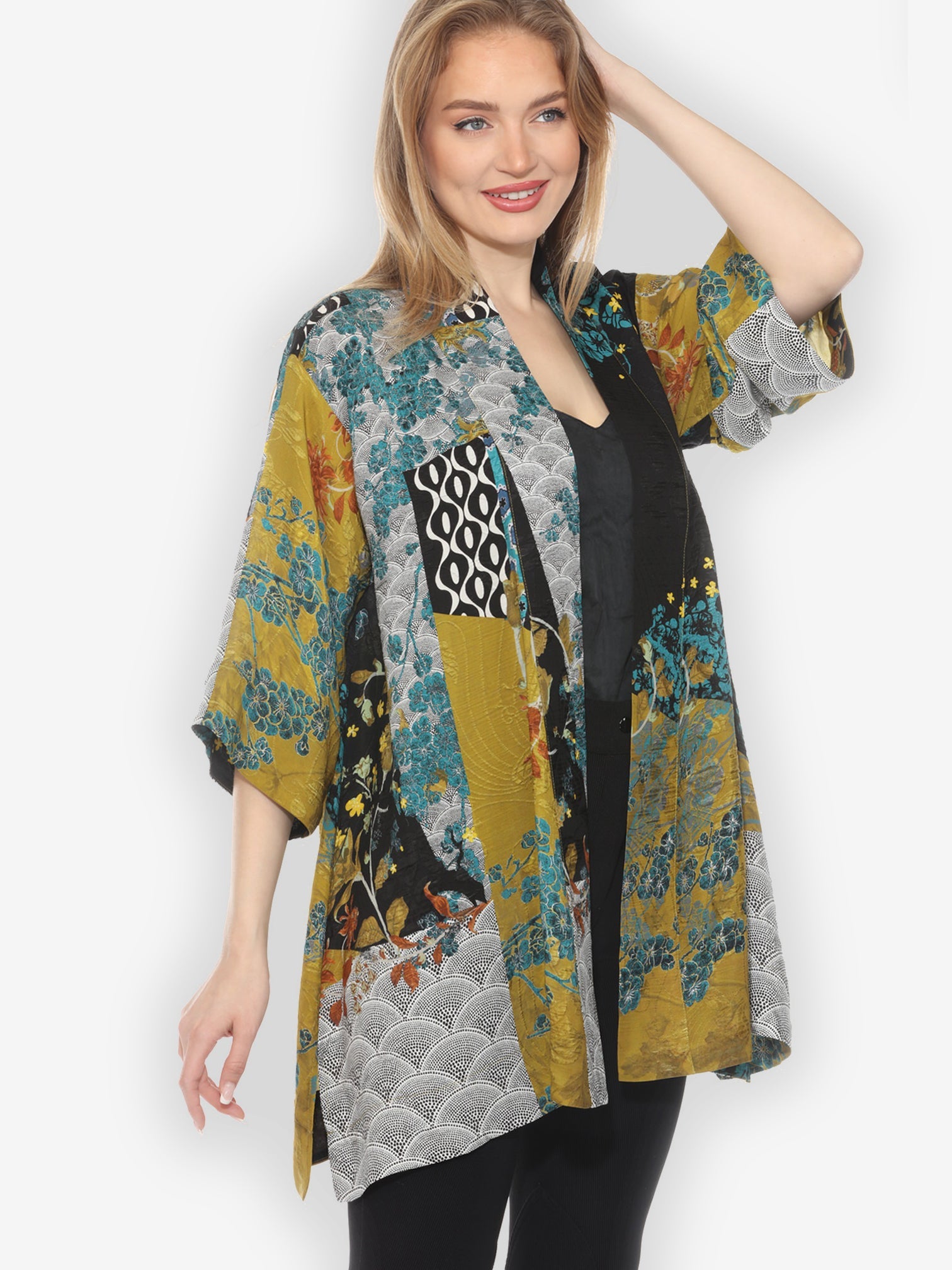 Jackets Citron Bohemian Mixed Art in Black Silk Kimono Jackets