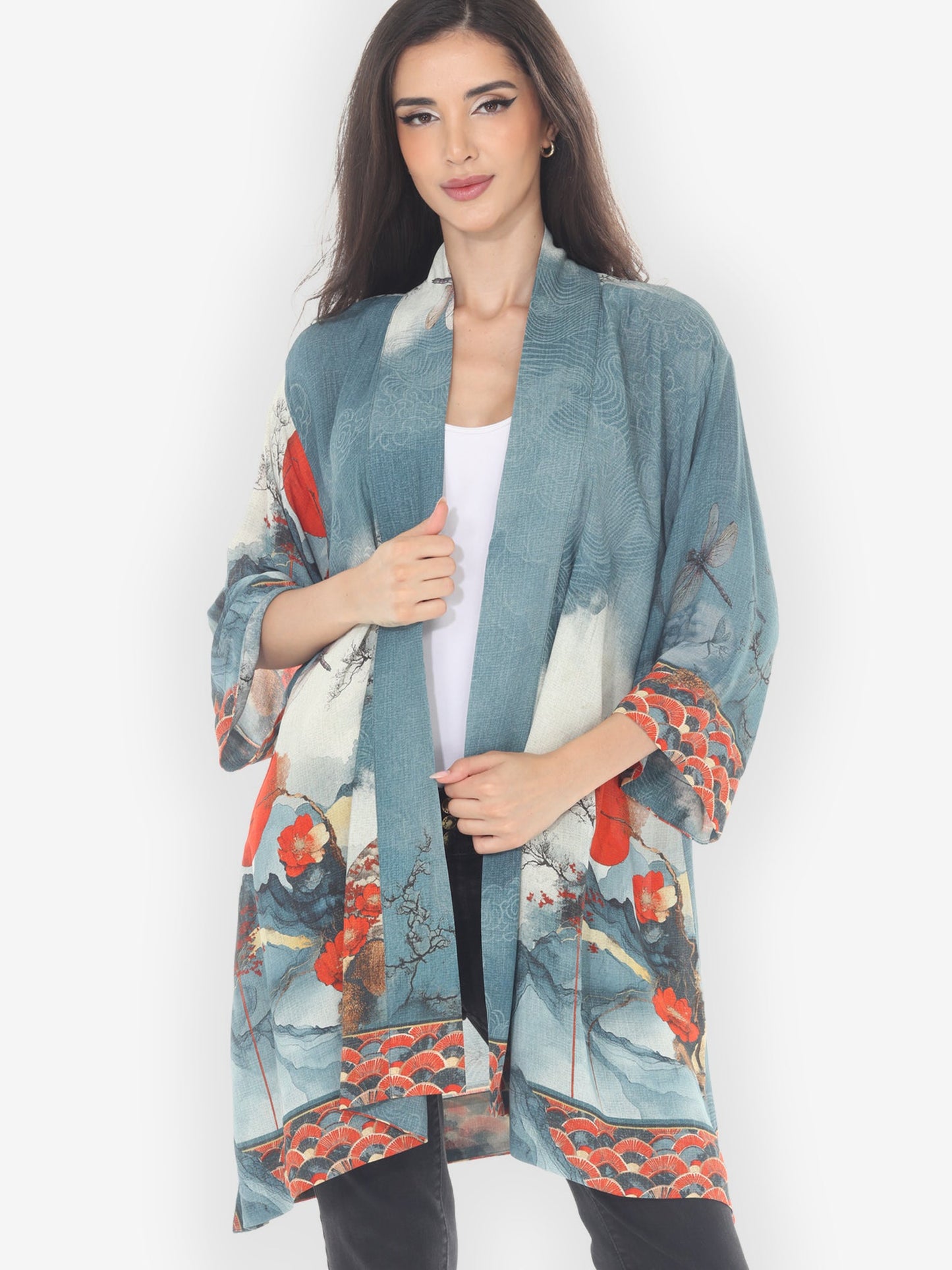 Open Front Kimono Dragonfly & Mountain Art Kimono Jacket