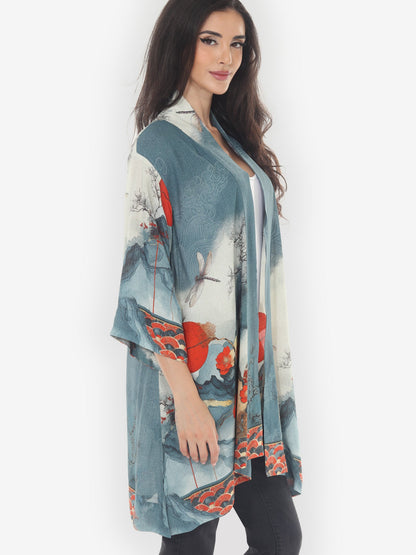 Open Front Kimono Dragonfly & Mountain Art Kimono Jacket