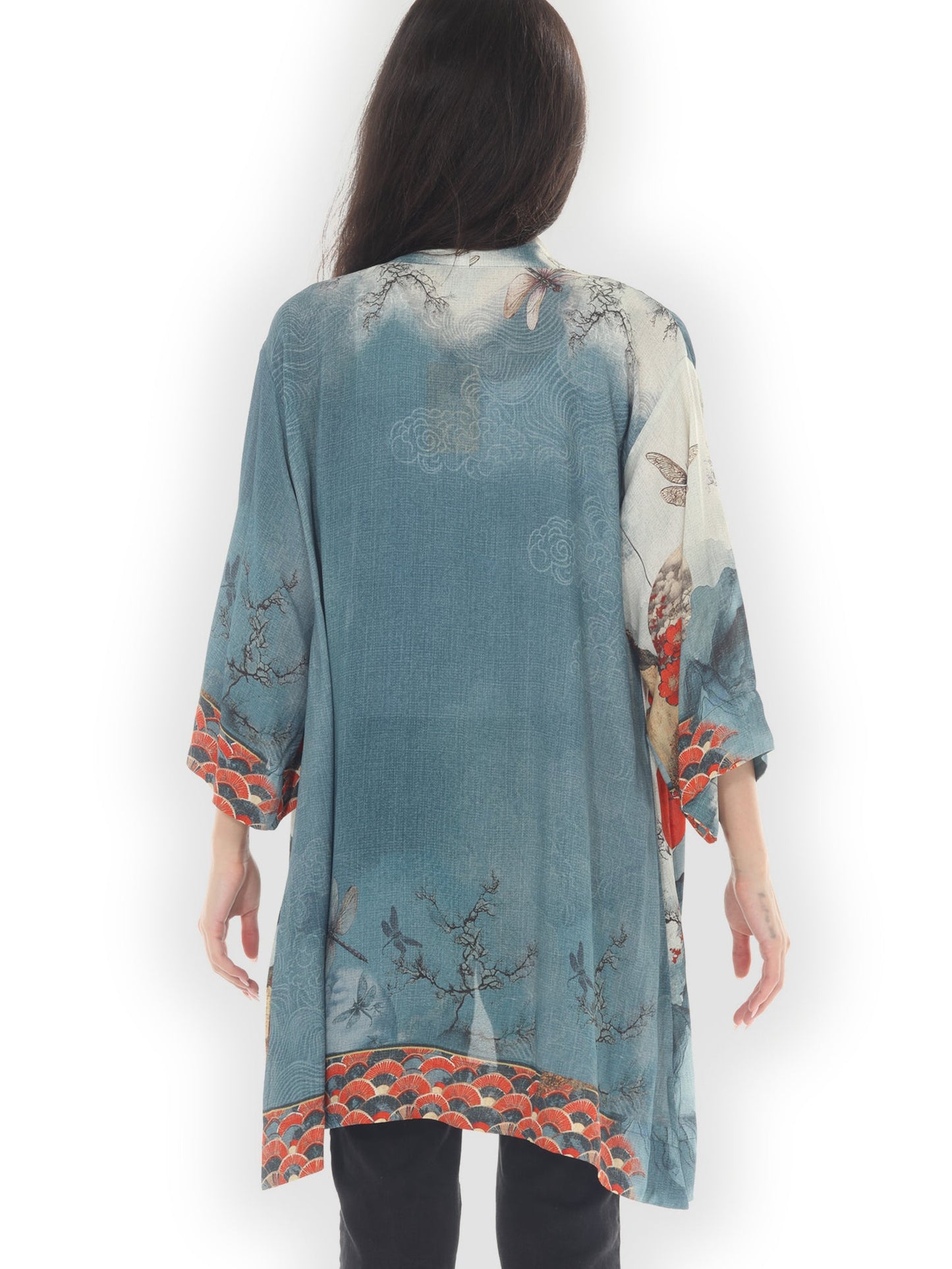 Open Front Kimono Dragonfly & Mountain Art Kimono Jacket