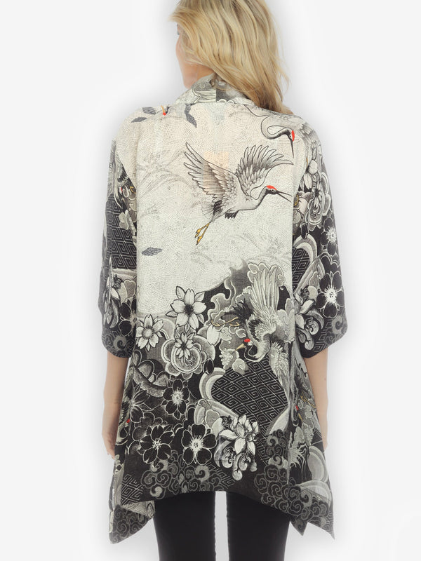 Black White Crane Wave Silk Kimono Top