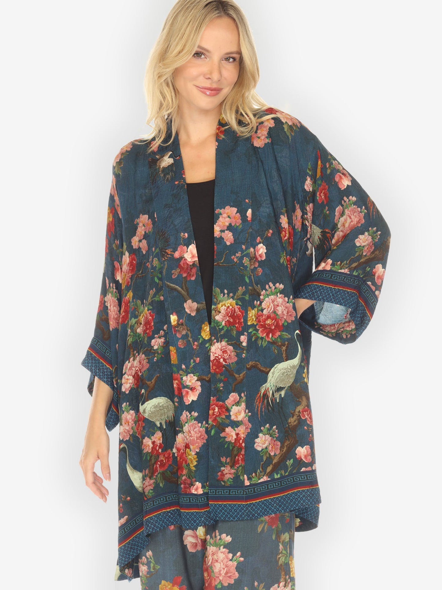 Open Front Kimono Crane and Cherry Bloom Silk Kimono Jacket