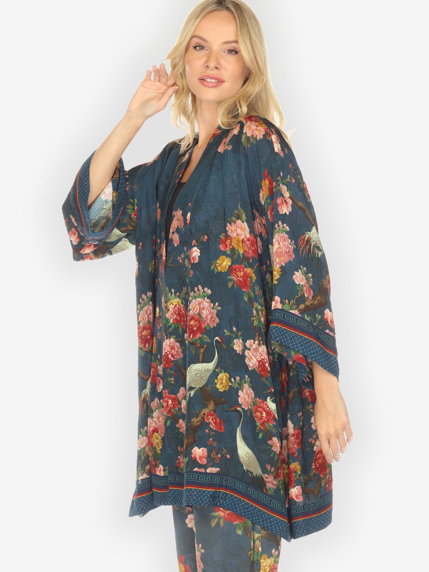 Open Front Kimono Crane and Cherry Bloom Silk Kimono Jacket