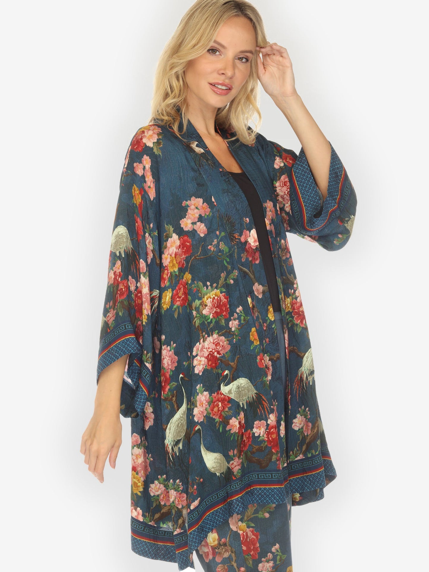 Open Front Kimono Crane and Cherry Bloom Silk Kimono Jacket