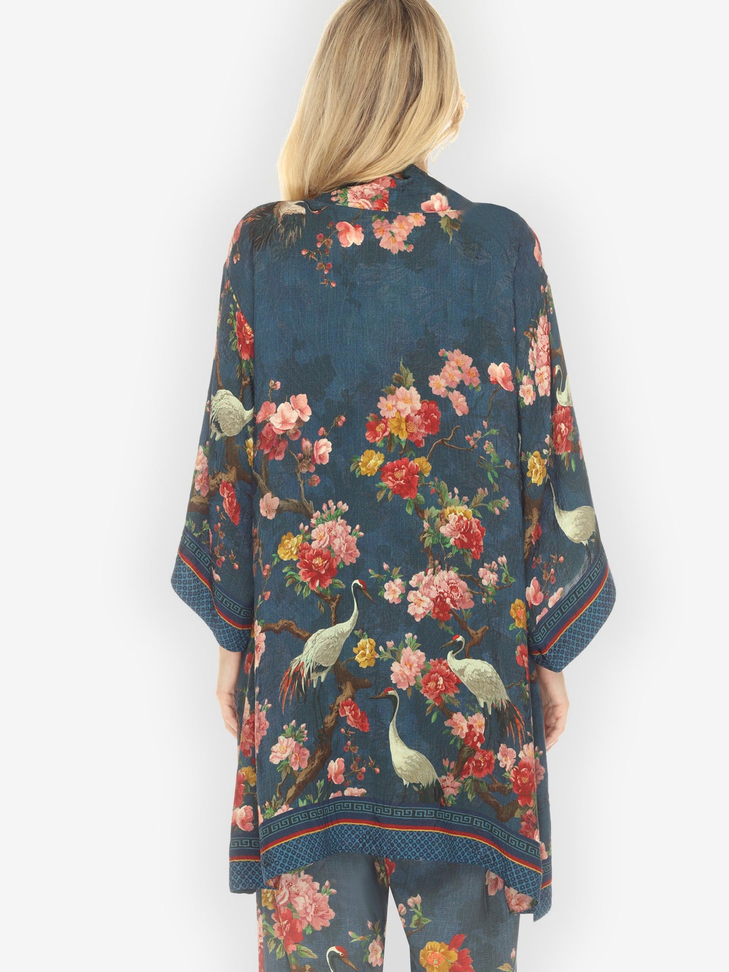 Open Front Kimono Crane and Cherry Bloom Silk Kimono Jacket