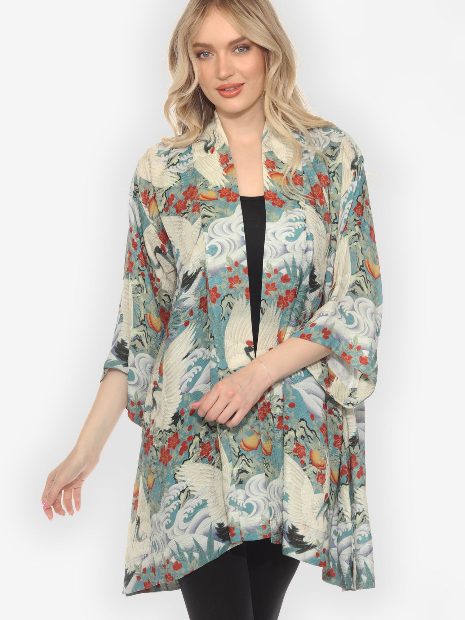 Open Front Kimono Crane in Jungle Silk Kimono Jacket