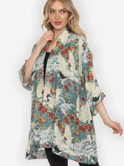 Open Front Kimono Crane in Jungle Silk Kimono Jacket