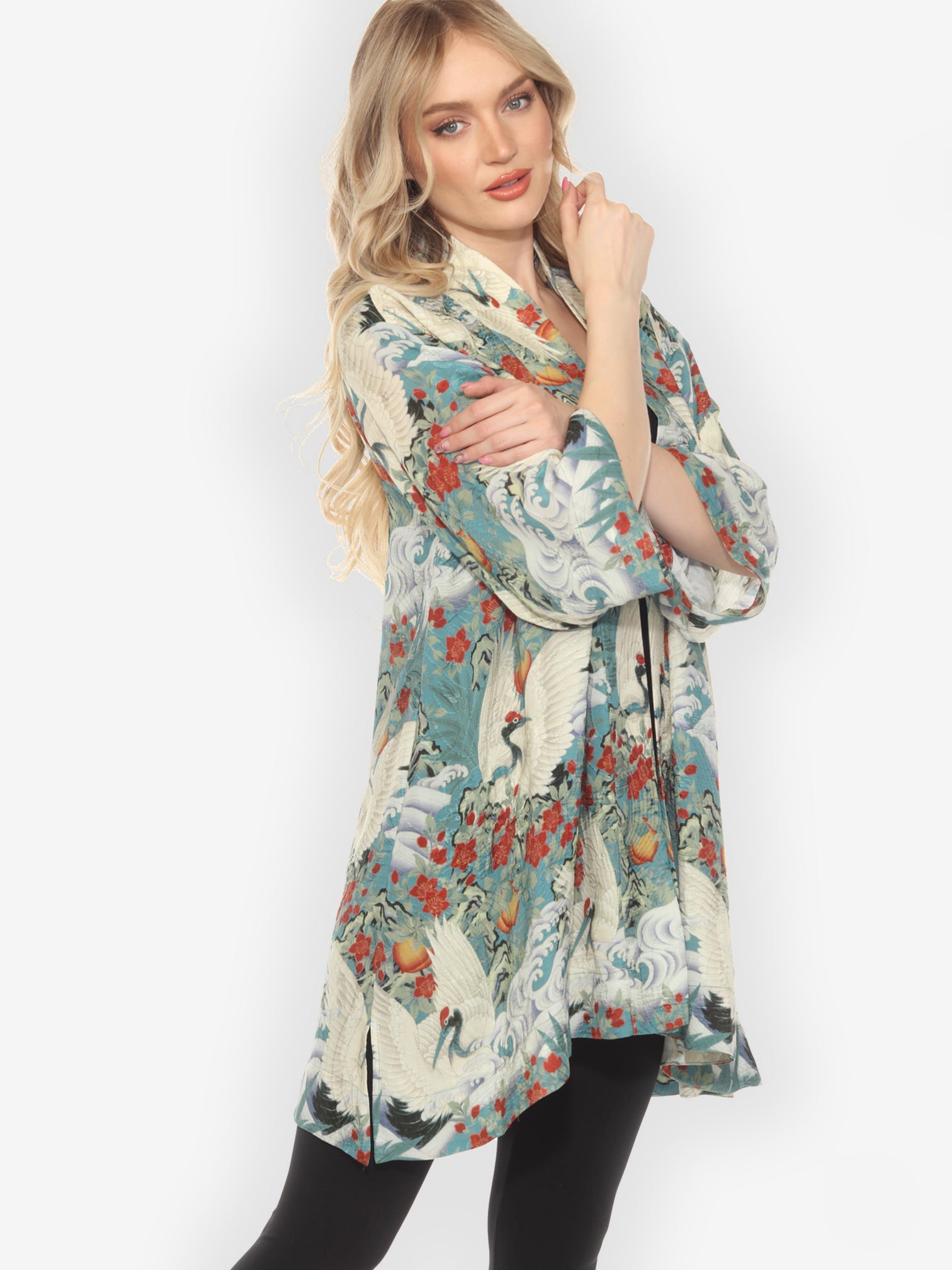 Open Front Kimono Crane in Jungle Silk Kimono Jacket