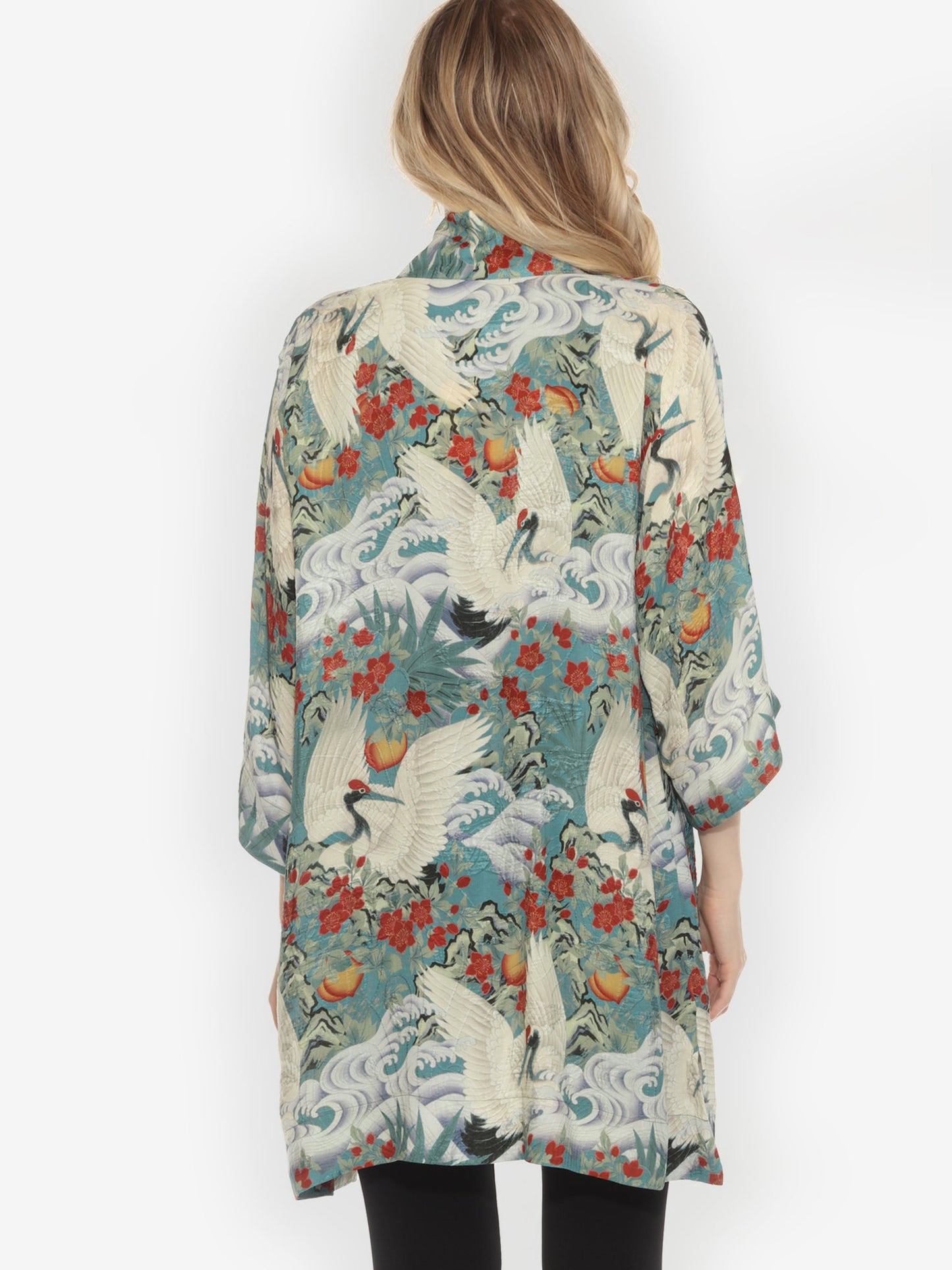 Open Front Kimono Crane in Jungle Silk Kimono Jacket