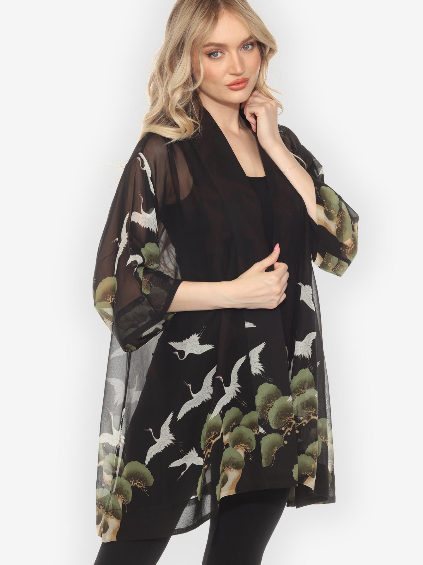 Open Front Kimono Crane Over Forest Silk Kimono Jacket