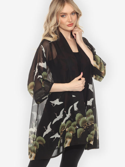 Open Front Kimono Crane Over Forest Silk Kimono Jacket