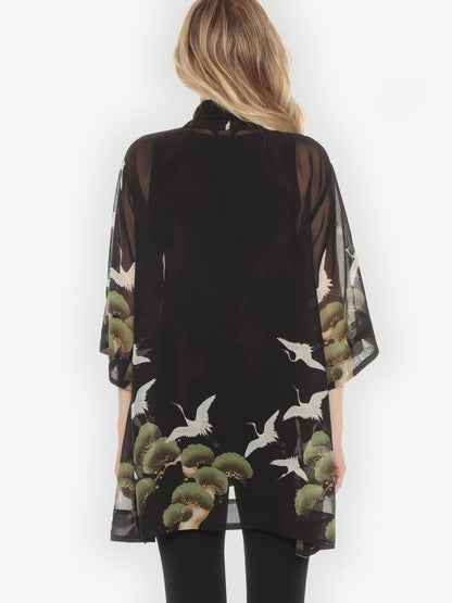 Open Front Kimono Crane Over Forest Silk Kimono Jacket