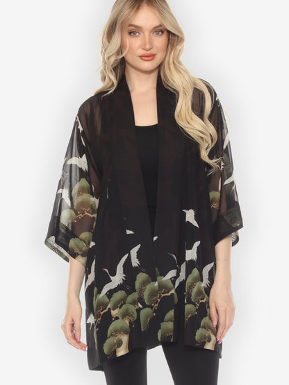 Open Front Kimono Crane Over Forest Silk Kimono Jacket