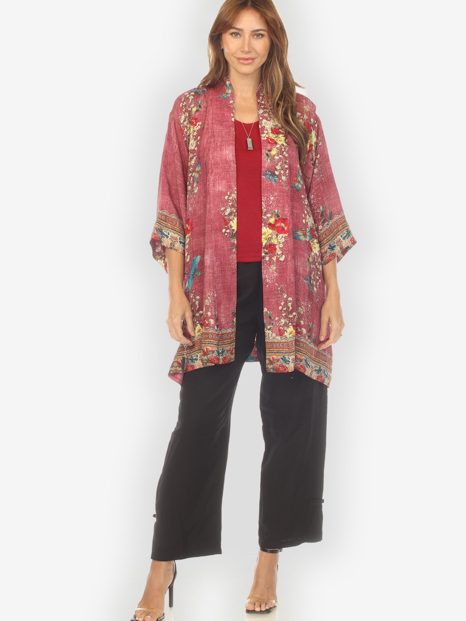 Open Front Kimono Dragonfly and Waterlilies Silk Kimono Jacket