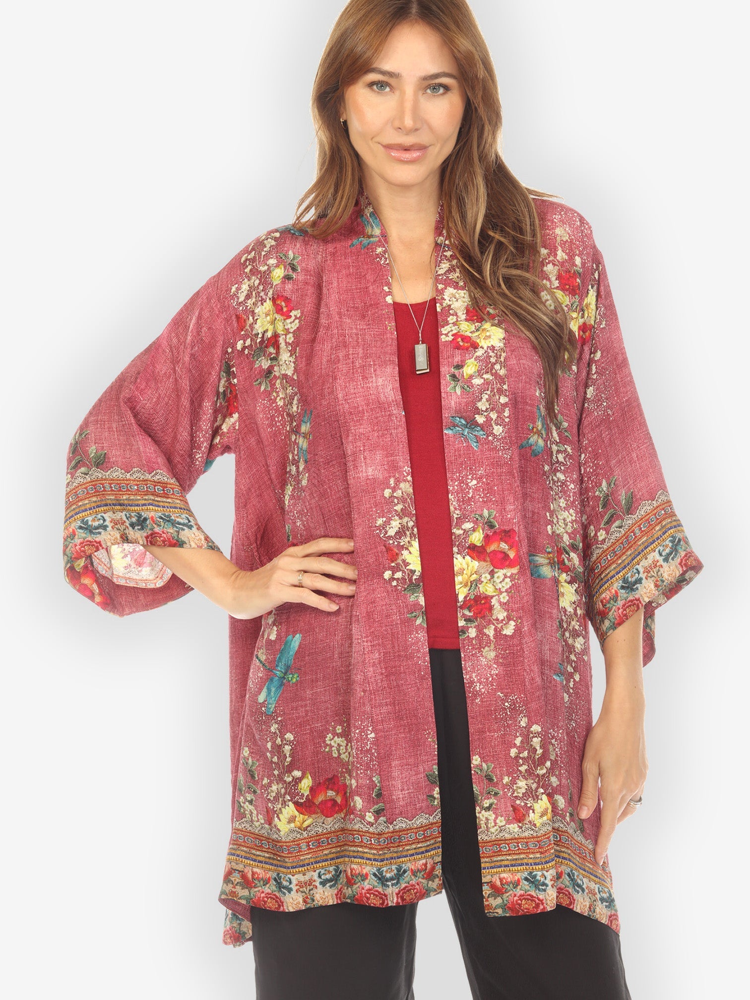 Open Front Kimono Dragonfly and Waterlilies Silk Kimono Jacket